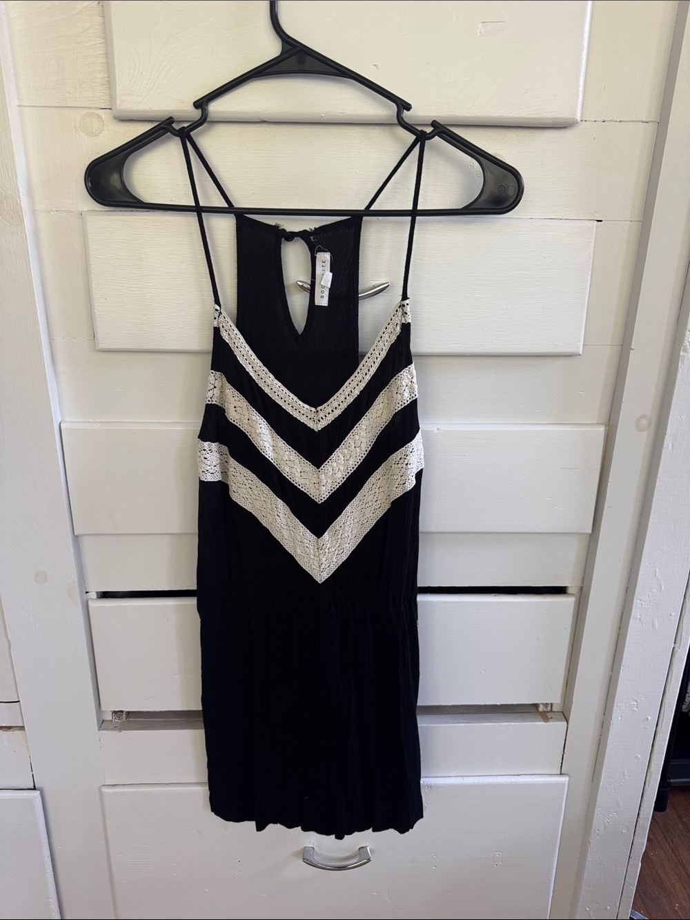 Black Romper with White Crochet Chevron Accent - Women